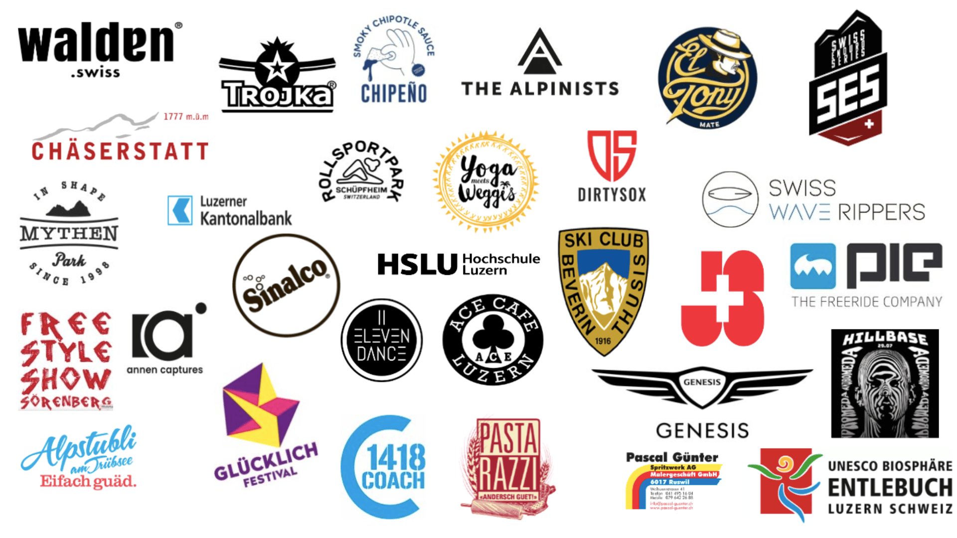 Eine Collage aus verschiedenen Schweizer Firmen- und Veranstaltungslogos, darunter Marken wie Walden, Sinalco, Yoga Works, The Alpinists, Hillbase, Freestyle Show, Genesis und Pasta Razzi, auf weißem Hintergrund.