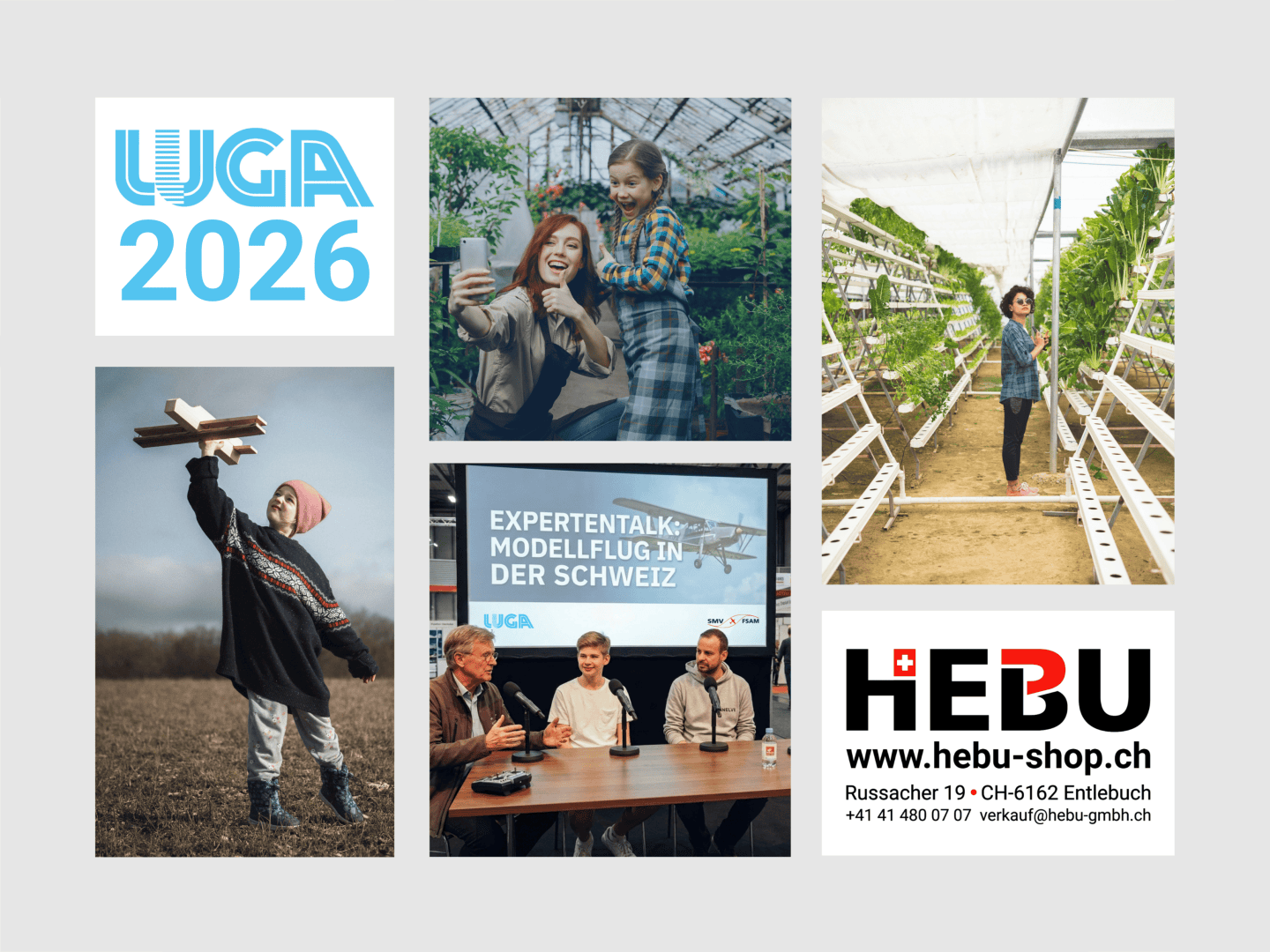 Eine Collage mit dem Logo der UGA 2026, Kinder mit einem Holzhobel und in einem Gewächshaus, eine Podiumsdiskussion und das Logo des HEBU-Shops mit Kontaktinformationen.