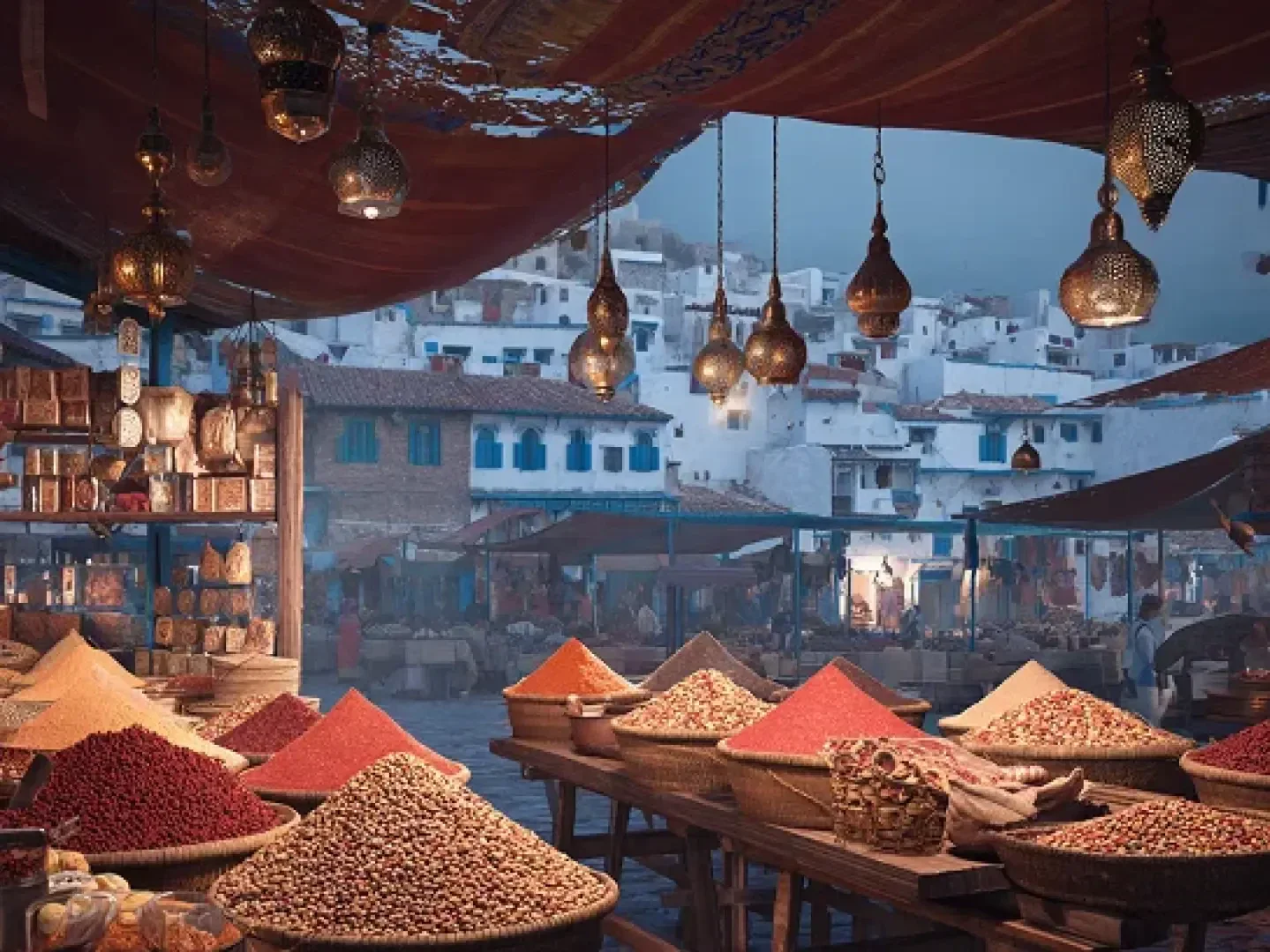 Ein lebhafter Markt im Freien mit Körben mit bunten Gewürzen und Nüssen unter hängenden Laternen. Weiß getünchte Gebäude mit blauen Fenstern säumen den Hintergrund und schaffen eine lebendige und malerische Szene.