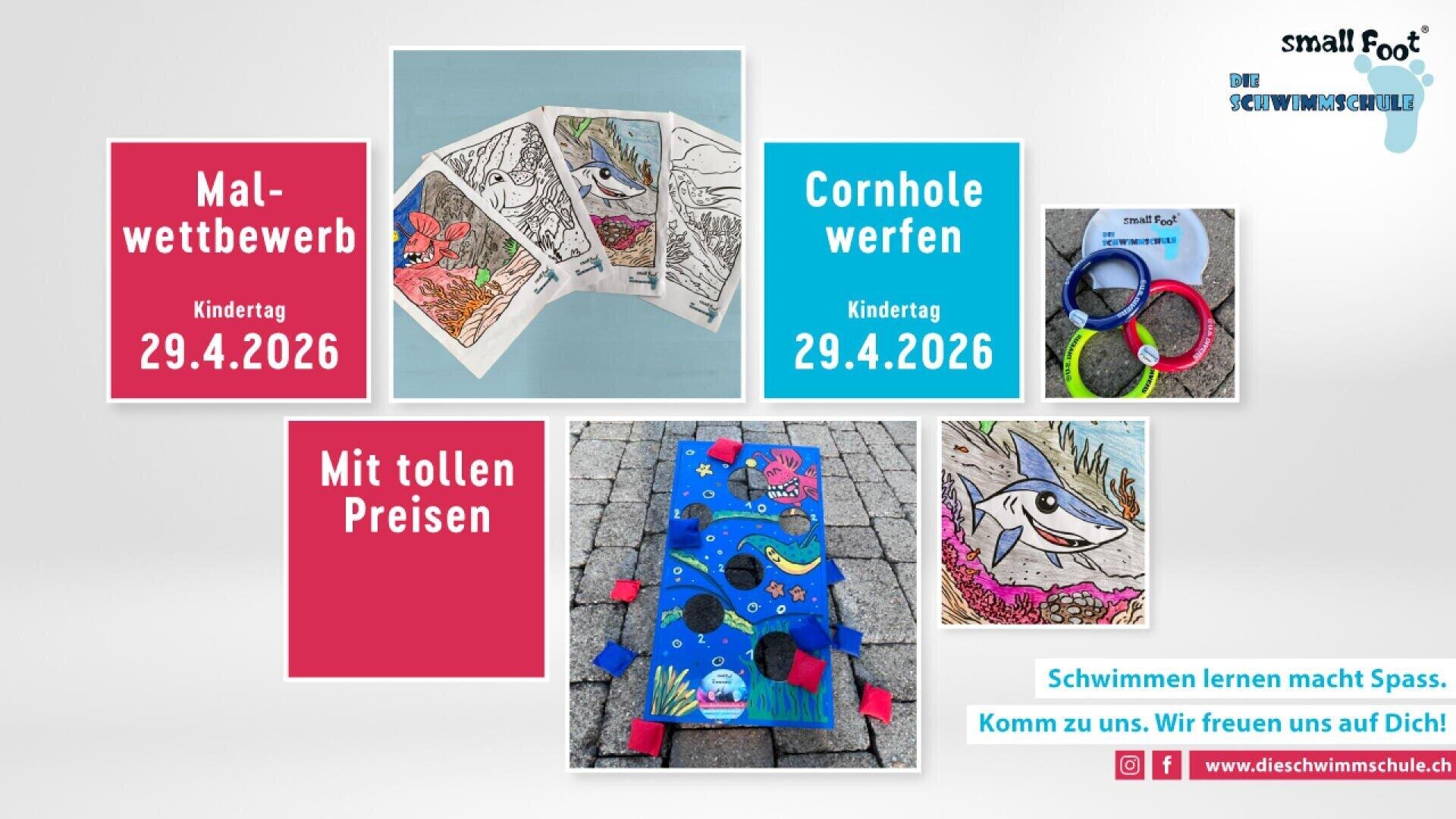 Bunte Werbegrafik für eine Kinderveranstaltung am 29. April 2026 mit einem Malwettbewerb, einem Cornhole-Spiel, Kunstproben, Preisen und Informationen zur Schwimmschule. Textfelder heben Aktivitäten hervor und ermutigen zur Teilnahme.