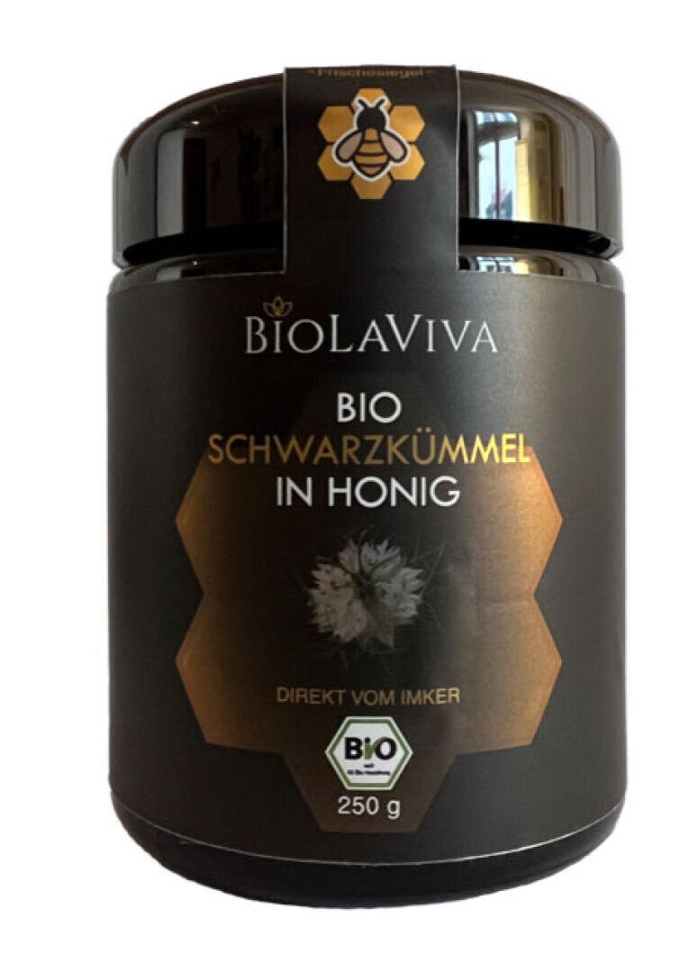 Ein Glas BioLaViva Bio Schwarzkümmel in Honig, 250 g, mit einem Wabenmuster und einem Bienensymbol auf schwarzem Hintergrund. Auf dem Etikett befindet sich außerdem ein Bio-Zertifizierungssymbol.