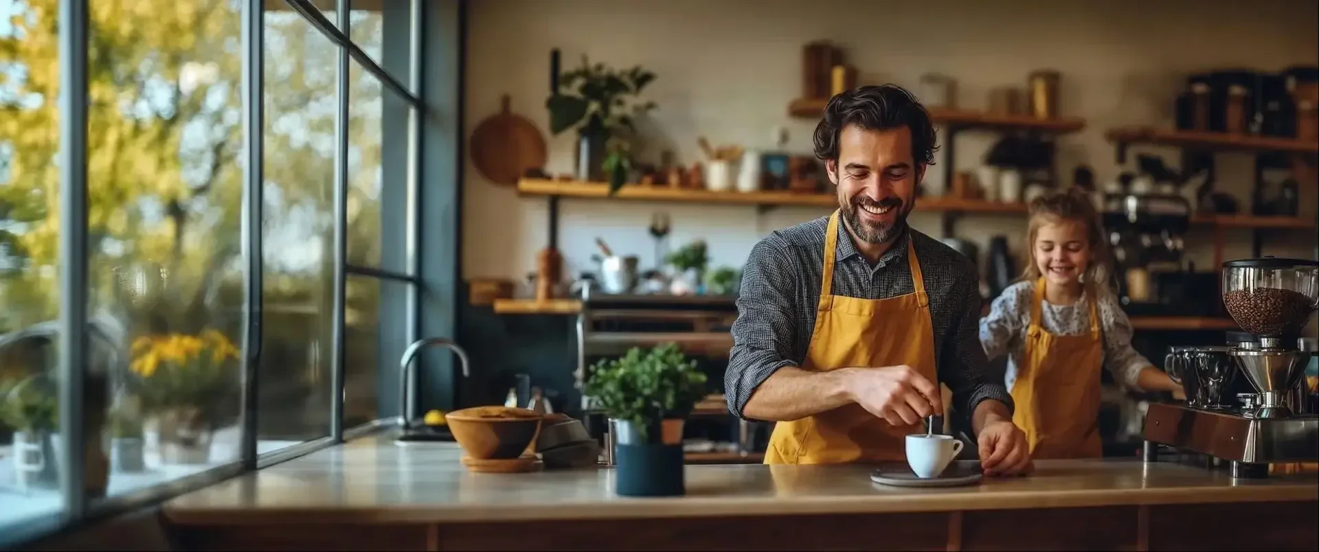 Ein lächelnder Mann in einer gelben Schürze rührt an einer sonnenbeschienenen Küchentheke eine Tasse Kaffee um, während ein junges Mädchen in einer passenden Schürze im Hintergrund grinst. Die Küche ist mit Pflanzen, Regalen und einem warmen Holzdekor ausgestattet.