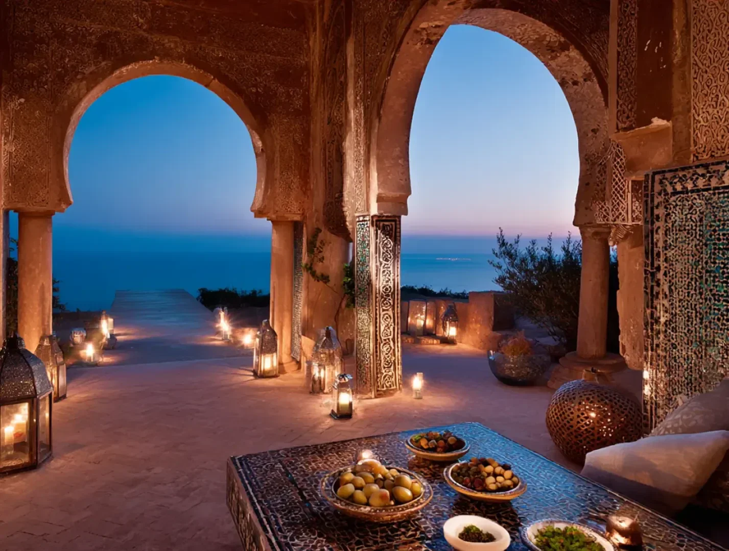 Eine verzierte, mit Kerzen beleuchtete Terrasse mit geschnitzten Bögen bietet bei Sonnenuntergang einen herrlichen Blick auf das Meer. Auf einem Mosaiktisch stehen Schalen mit Obst und Speisen, umgeben von leuchtenden Laternen und kunstvollem Dekor, die eine ruhige, luxuriöse Atmosphäre schaffen.