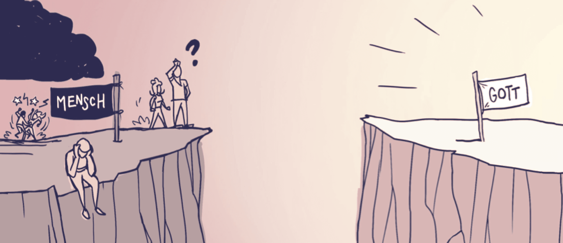 Eine Karikatur zeigt zwei Klippen, die durch eine Lücke getrennt sind. Auf der linken Seite, unter einer dunklen Wolke mit der Aufschrift MENSCH, kämpfen Figuren, während eine verzweifelt dasitzt. Auf der rechten Seite scheint die Sonne auf eine Klippe mit einer Fahne mit der Aufschrift GOTT.