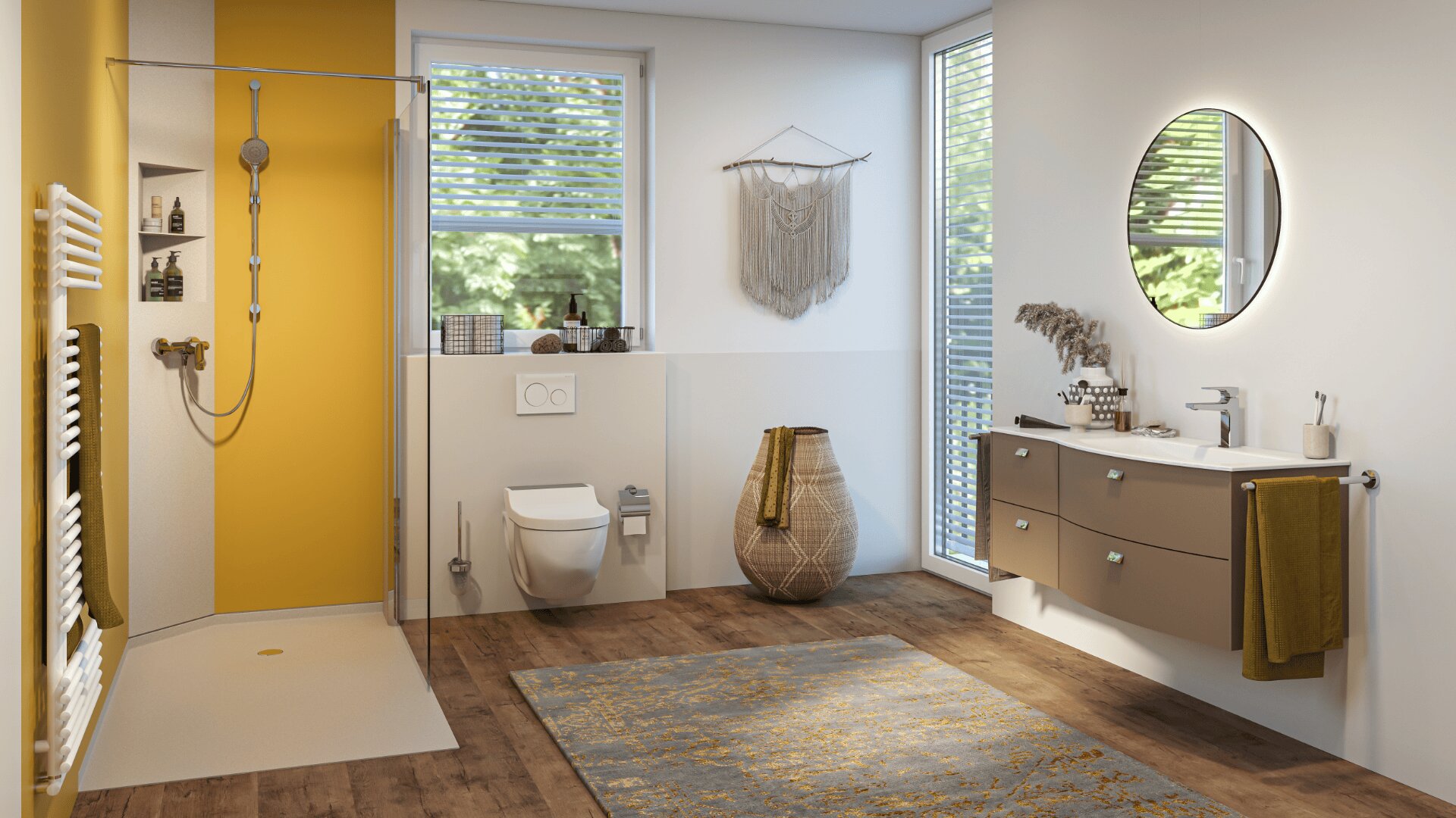 Modernes Badezimmer mit Holzfußboden, einer Dusche mit gelbem Akzent, wandmontierter Toilette, schwebendem Waschtisch mit Spiegel, großem Fenster, geflochtenem Korb, Wandbehang und gemustertem Teppich. Der Raum ist von natürlichem Licht durchflutet.