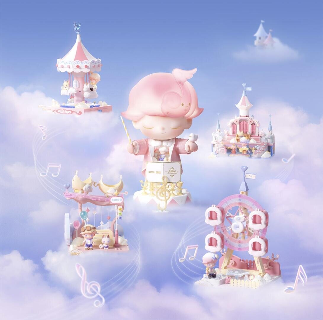 Eine pastellfarbene Illustration zeigt einen rosahaarigen Schaffnerengel mit geschlossenen Augen inmitten von Wolken, der schwebende Fahrgeschäfte anführt: ein Karussell, ein Riesenrad, ein Schloss, eine Bäckerei und ein Bananenboot, um die herum Musiknoten wirbeln.