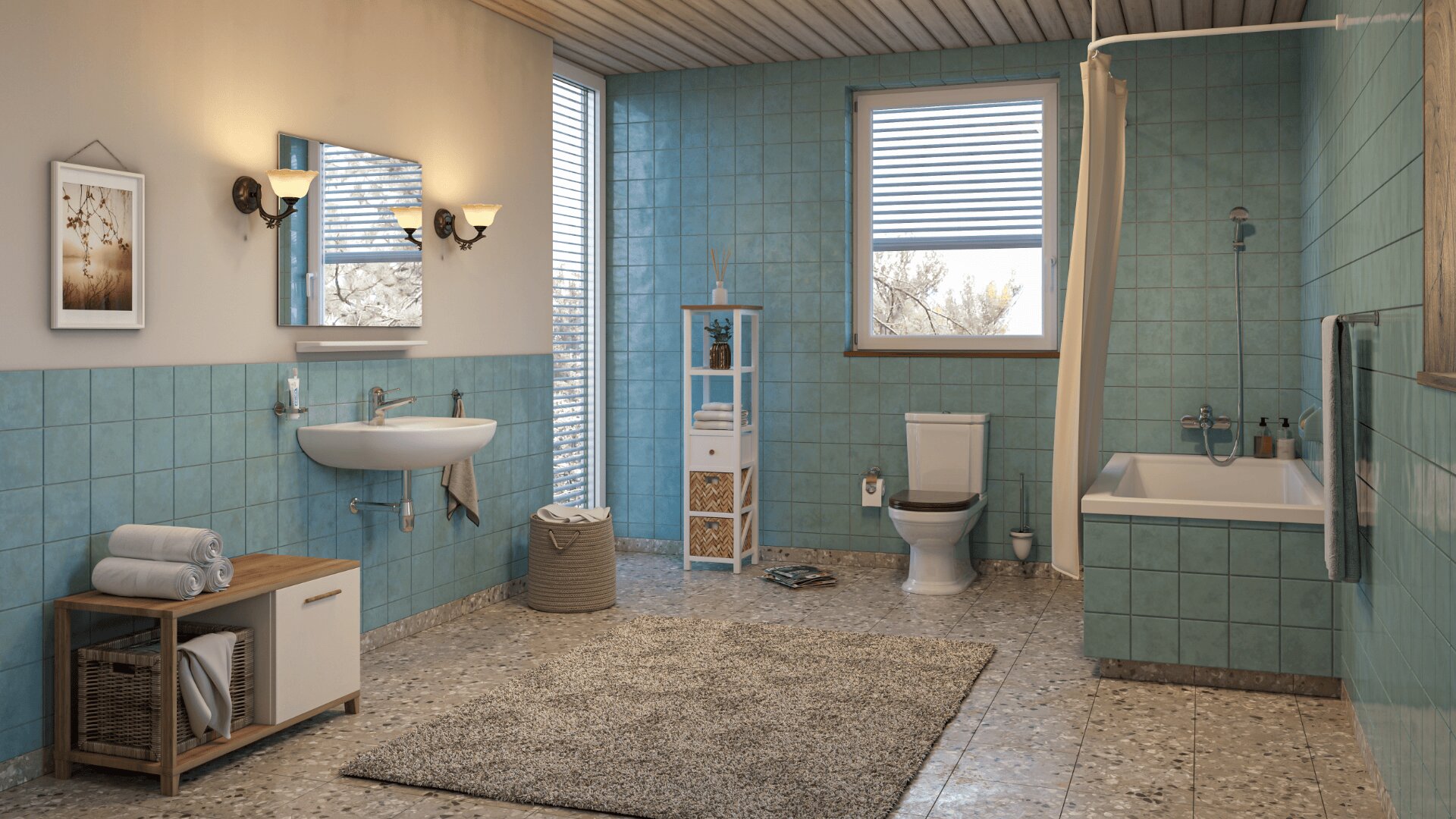 Ein geräumiges Badezimmer mit blau gekachelten Wänden, einer Badewanne mit Duschvorhang, einer Toilette, einem Waschbecken mit Spiegel, einem Regal mit Körben, einem Handtuchhalter und einem kleinen Holzschrank mit Handtüchern.