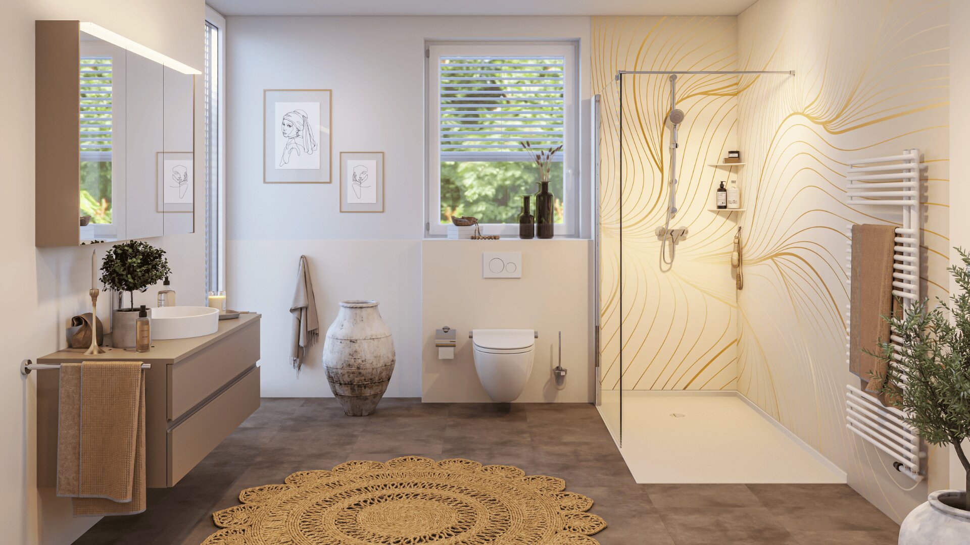 Modernes Badezimmer mit Wandkunst, schwebendem Waschtisch, Toilette und einer offenen Dusche mit Glasabtrennung und goldgemusterter Wand. Ein großes Fenster, Pflanzen und ein runder Webteppich sorgen für Wärme und natürliches Licht.
