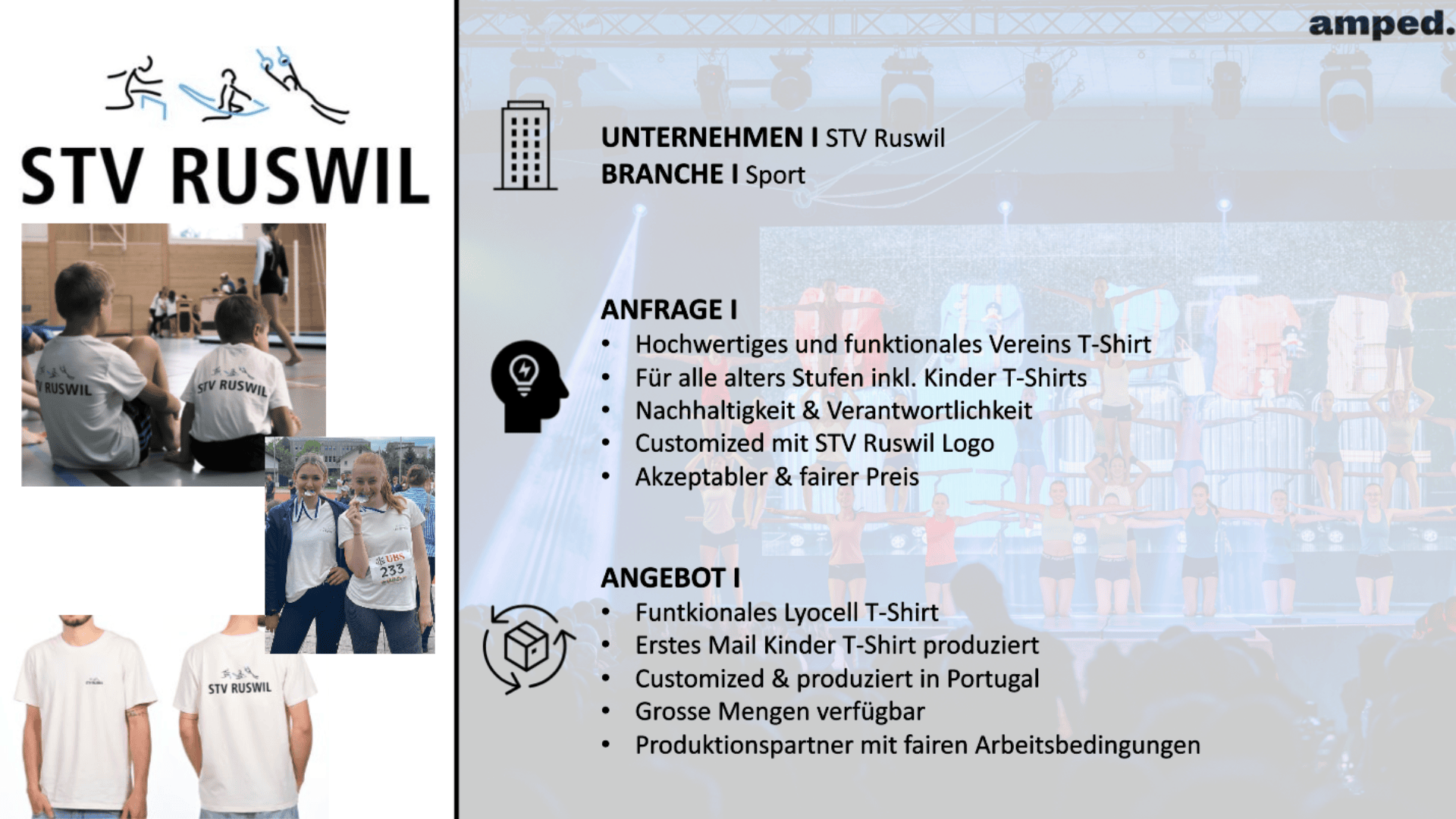 Eine Präsentationsfolie für den STV Ruswil mit Kindern in Team-Shirts, einem Infoteil über T-Shirts, Icons und Bildern von Kindern und zwei weissen T-Shirts, die Individualisierung, Nachhaltigkeit und faire Produktion betonen.