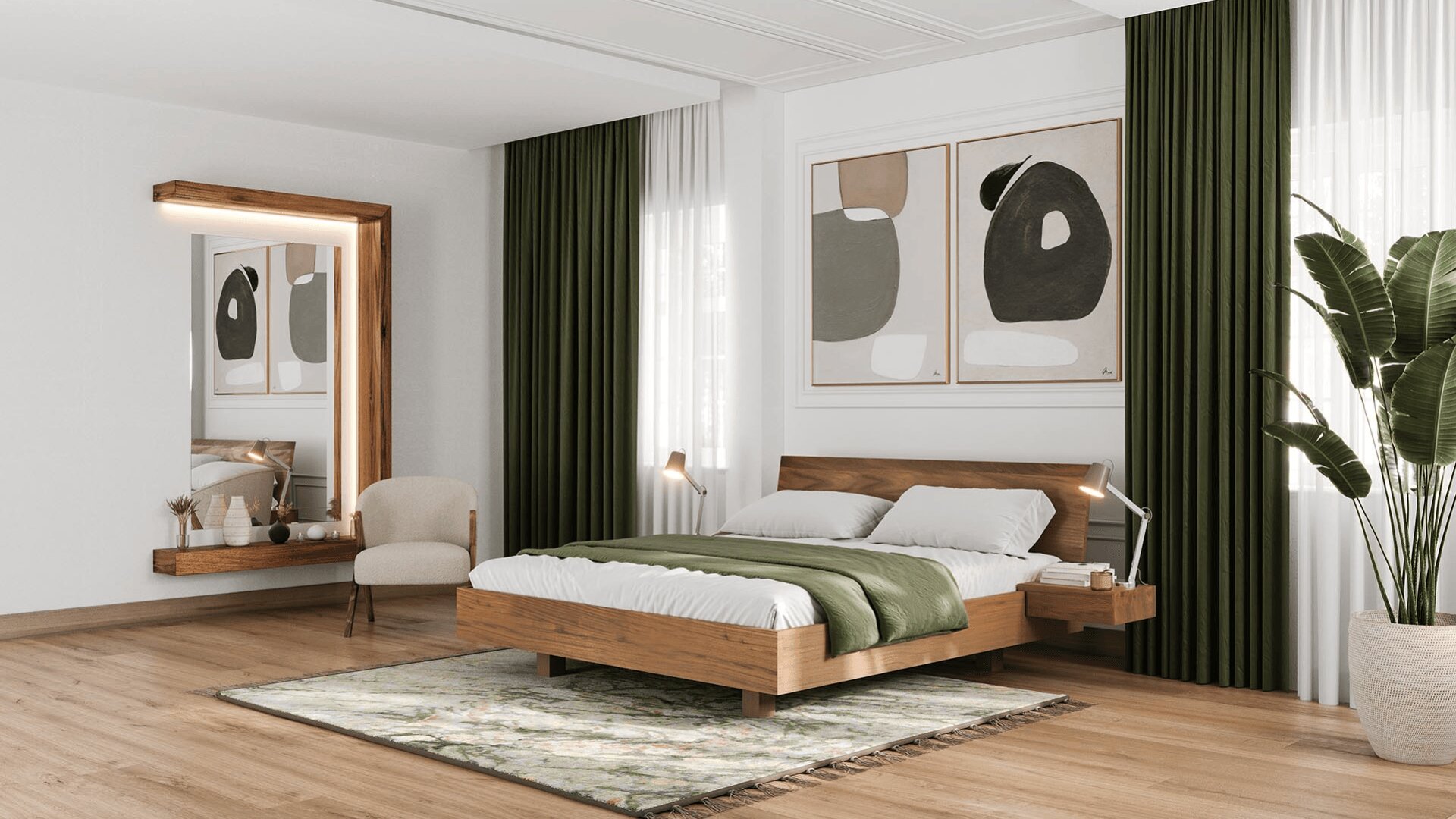 Ein modernes Schlafzimmer mit einem Holzbett, grüner Bettwäsche, abstrakten Kunstwerken, raumhohen grünen Vorhängen, einem großen Spiegel, einem gemütlichen Sessel, einer Pflanze und einem weichen Teppich auf Holzboden. Der Raum ist von natürlichem Licht durchflutet.