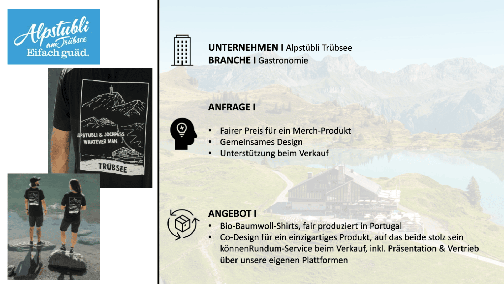 Eine Werbegrafik für das Alpstübli Trübsee kombiniert eine malerische Bergseeansicht mit Marketinginformationen: Logo, Firmendaten, Café-Filiale, T-Shirt-Produktbilder, Servicewunschliste und ein spezielles Angebot für faire, mitgestaltete Shirts.