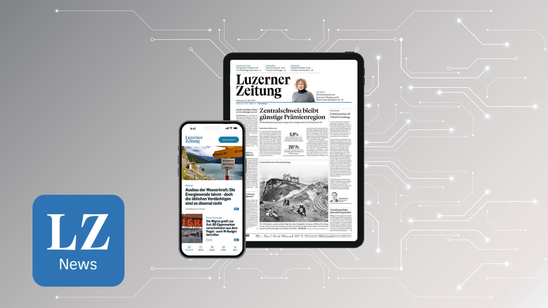 Ein Smartphone und ein Tablet zeigen digitale Versionen der Luzerner Zeitung an. Der Hintergrund ist mit einem Kreislaufmuster versehen, und auf der linken Seite erscheint ein blaues LZ News-Logo.