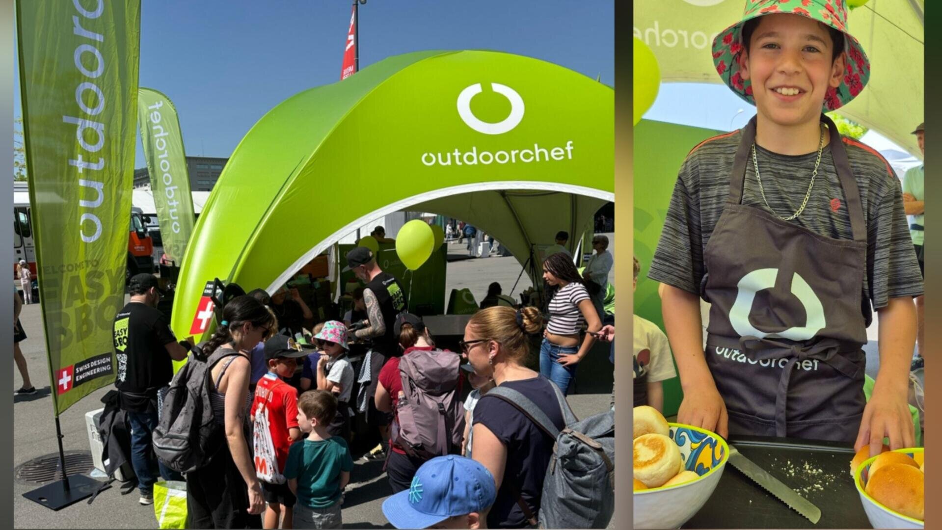 Eine Menschenmenge steht bei einer Veranstaltung im Freien vor einem leuchtend grünen Outdoorchef-Zelt an. Rechts steht eine lächelnde junge Person mit einem bunten Hut und einer Schürze an einem Tisch mit Lebensmitteln.