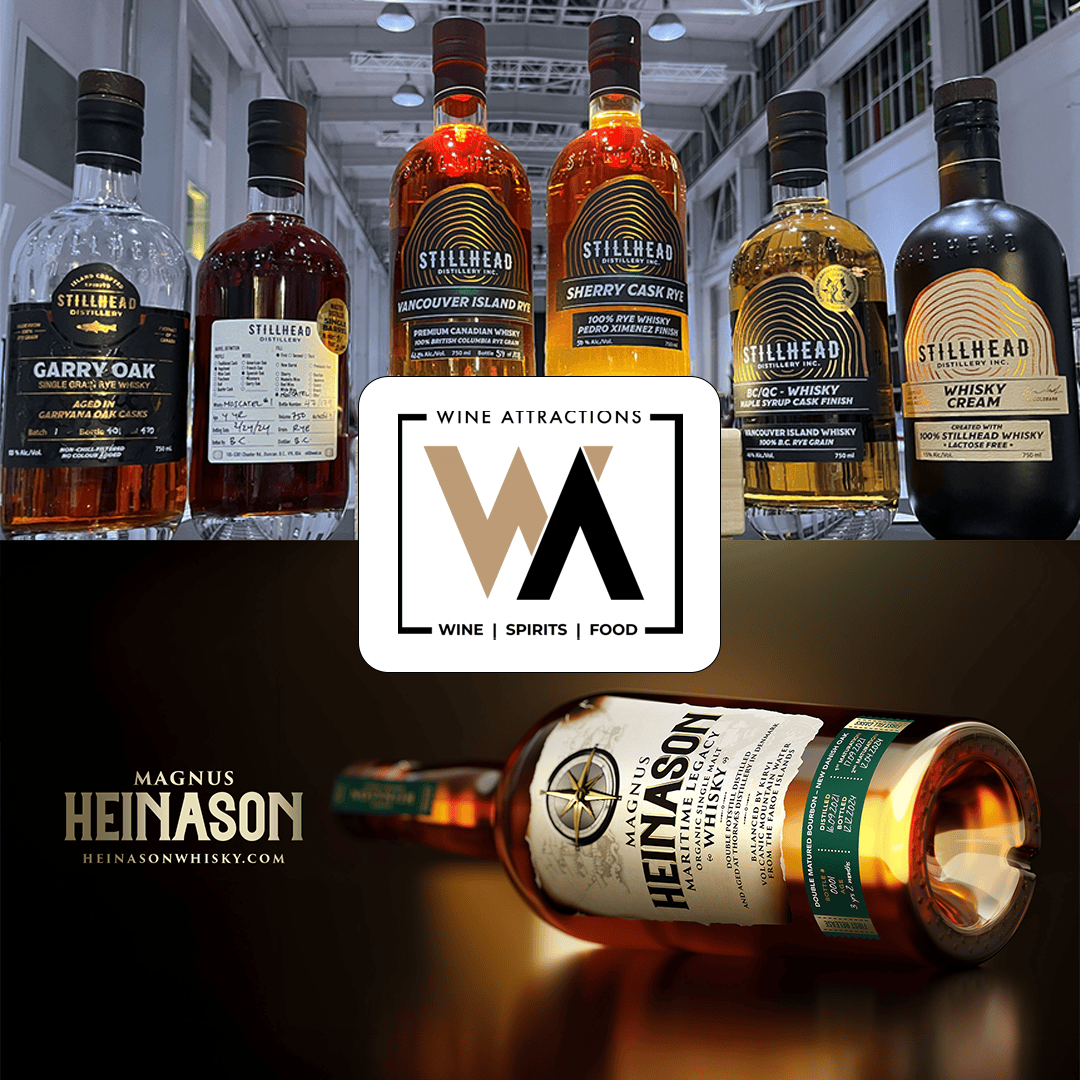 Ein Display mit sechs Stillhead-Whiskey-Flaschen, einem Wine Attractions-Logo in der Mitte und einer Nahaufnahme einer Magnus Heinason-Whiskey-Flasche, die auf der Seite liegt und deren Etikett sichtbar ist.