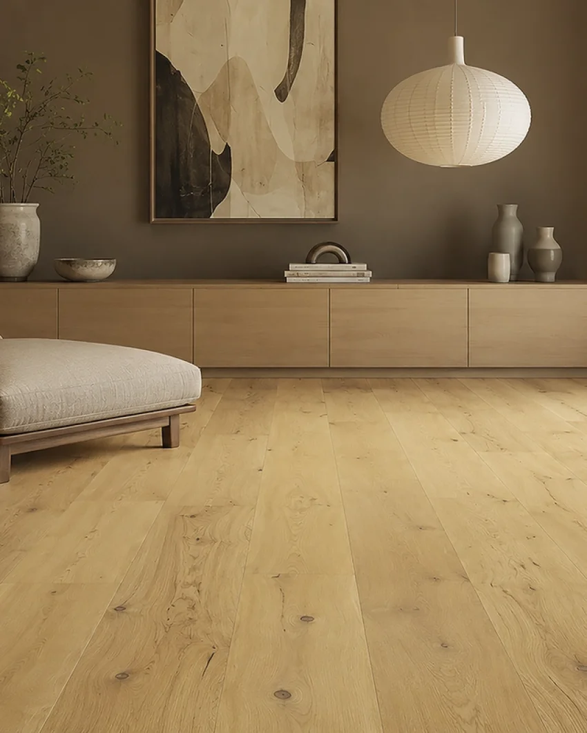 Ein minimalistisch eingerichtetes Wohnzimmer mit hellen Holzböden, einem niedrigen Holzschrank, Vasen in neutralen Farbtönen, einem modernen Wandbild, einer runden Papierlaterne und einer taupefarbenen Wand. Auf der linken Seite steht eine gepolsterte Bank.