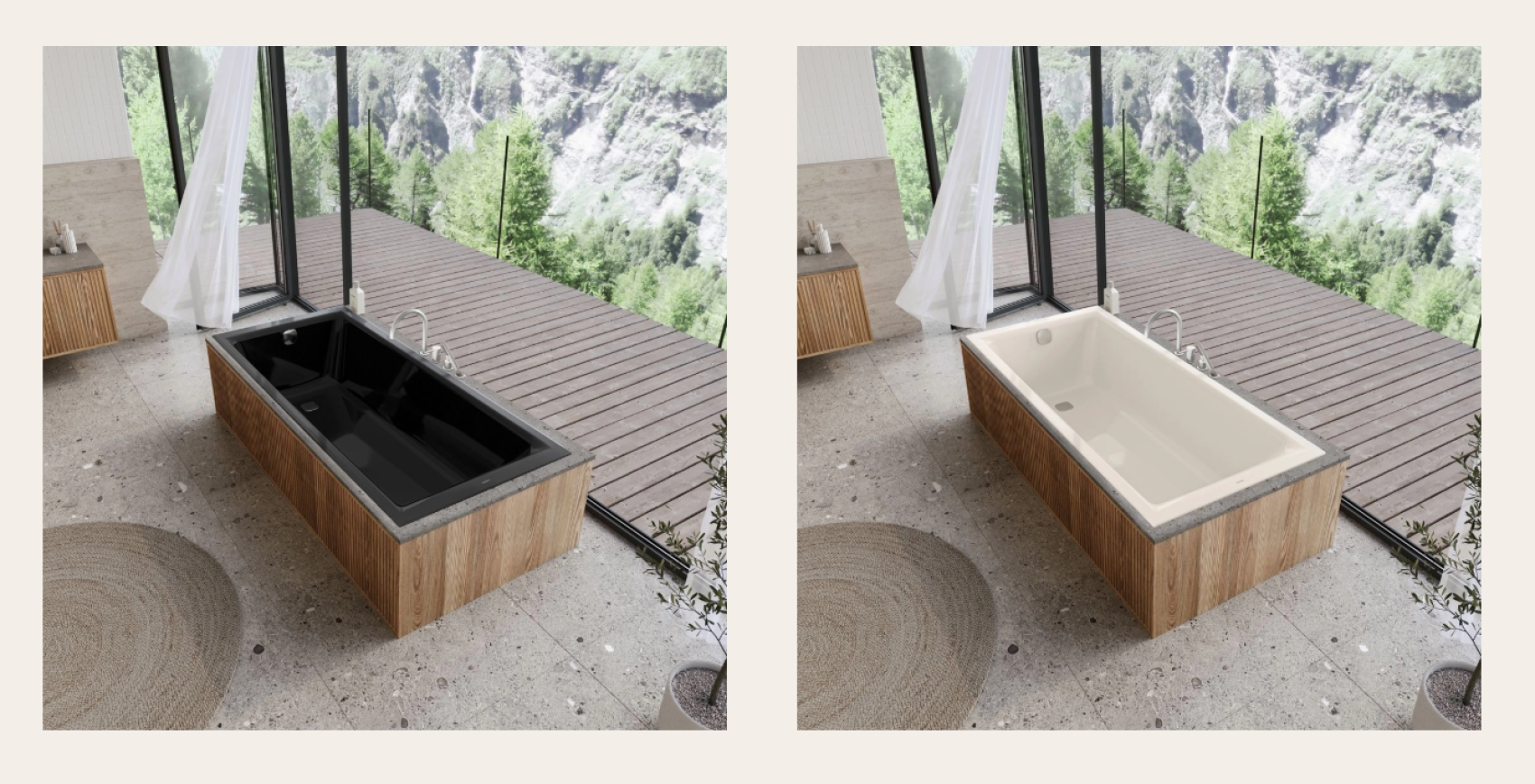 Nebeneinander angeordnete Bilder eines modernen Badezimmers mit einer Holzbadewanne; die linke Badewanne ist schwarz, die rechte weiß. Durch große Fenster blickt man auf eine Terrasse und eine üppig grüne, felsige Landschaft im Freien.